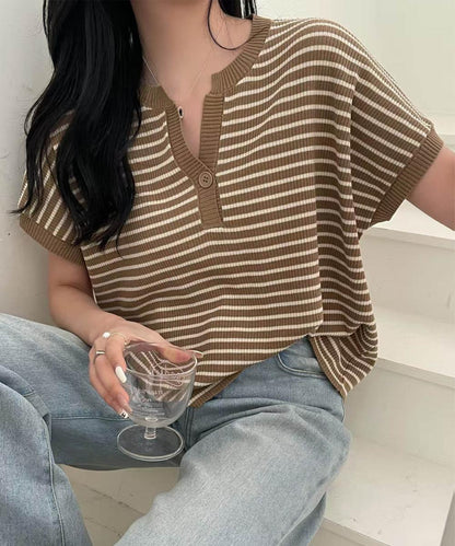 【aimoha】Yヘンリーネックボーダーリラックスプルオーバー