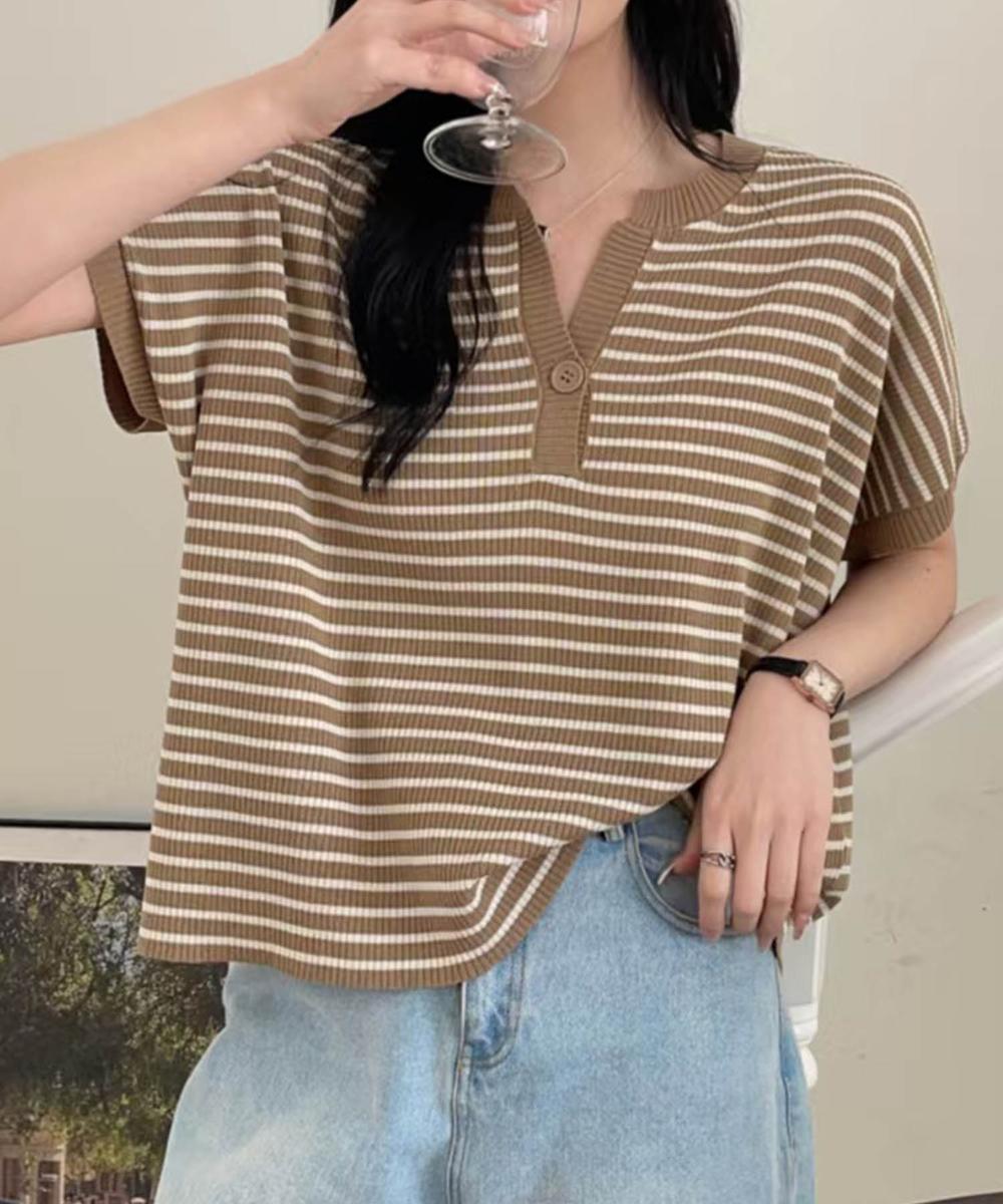 【aimoha】Yヘンリーネックボーダーリラックスプルオーバー