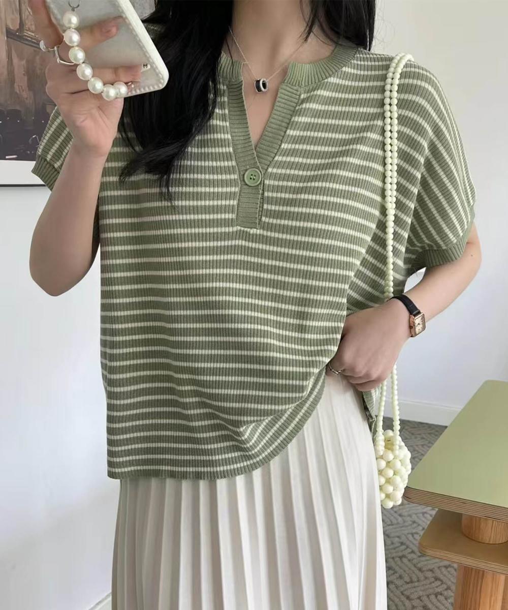 【aimoha】Yヘンリーネックボーダーリラックスプルオーバー