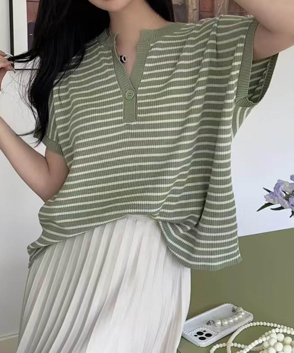 【aimoha】Yヘンリーネックボーダーリラックスプルオーバー