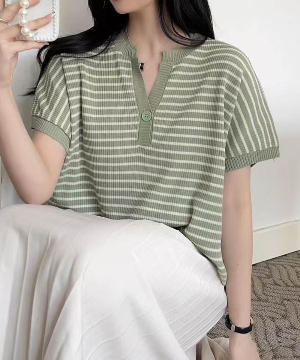 【aimoha】Yヘンリーネックボーダーリラックスプルオーバー