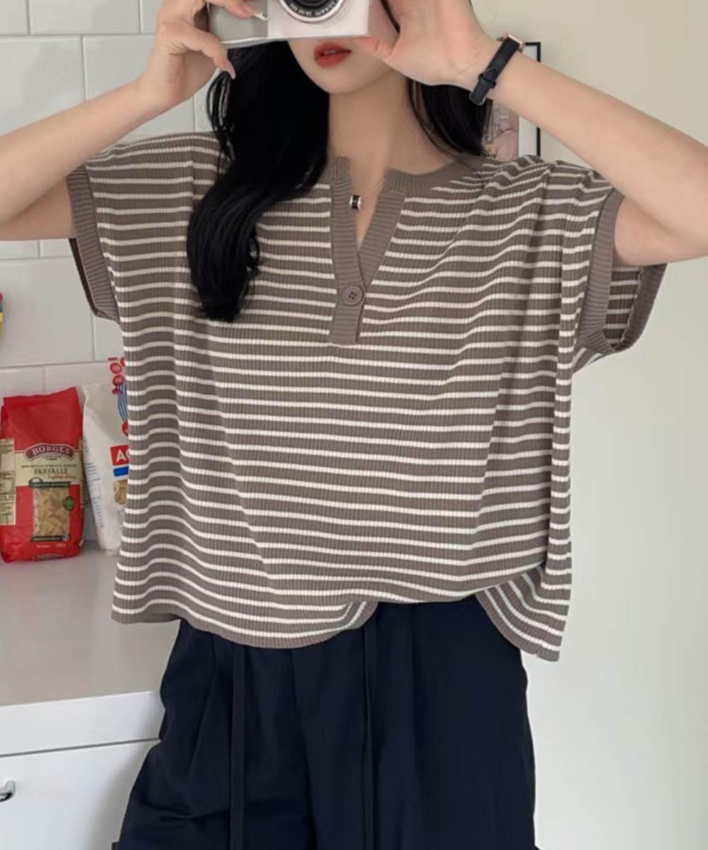 【aimoha】Yヘンリーネックボーダーリラックスプルオーバー