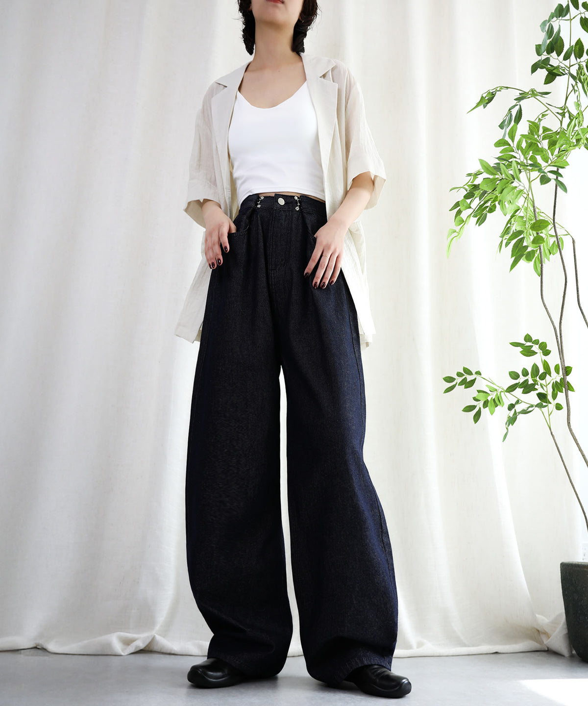 aimoha/2WAYジーンズデニム深めのウエストタックハイウエストデニムパンツ