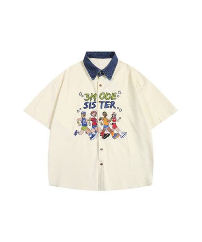【HOOK -select- 】レトロ調人物刺繍夏コーデュロイ半袖シャツ
