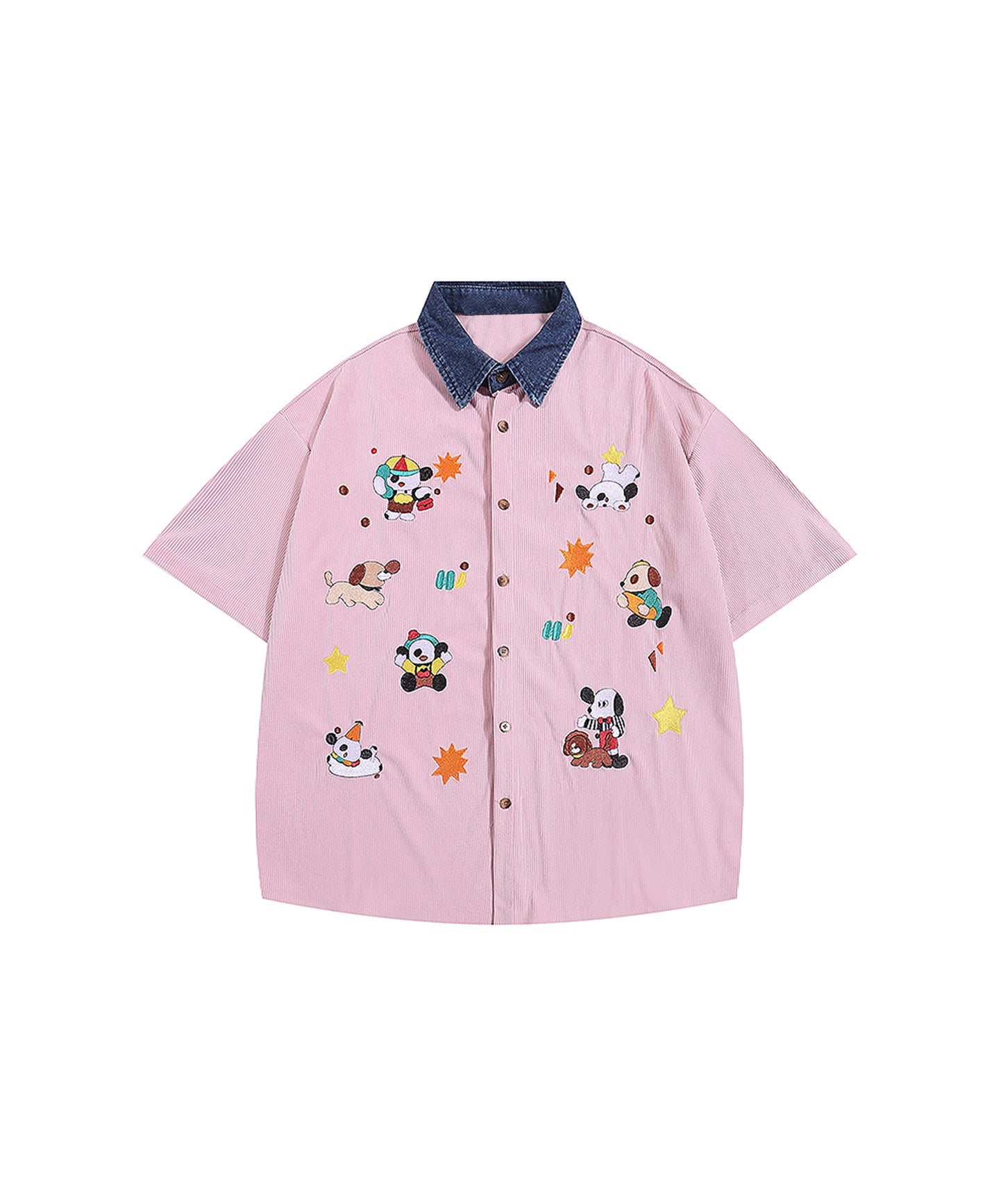 【HOOK -select- 】レトロ調キャラ刺繍夏コーデュロイ半袖シャツ