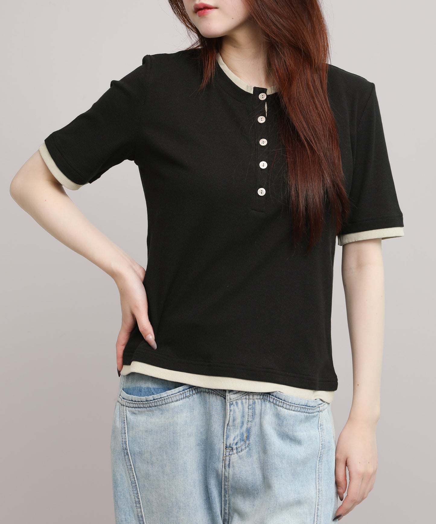 aimoha/バイカラーヘンリーTシャツ