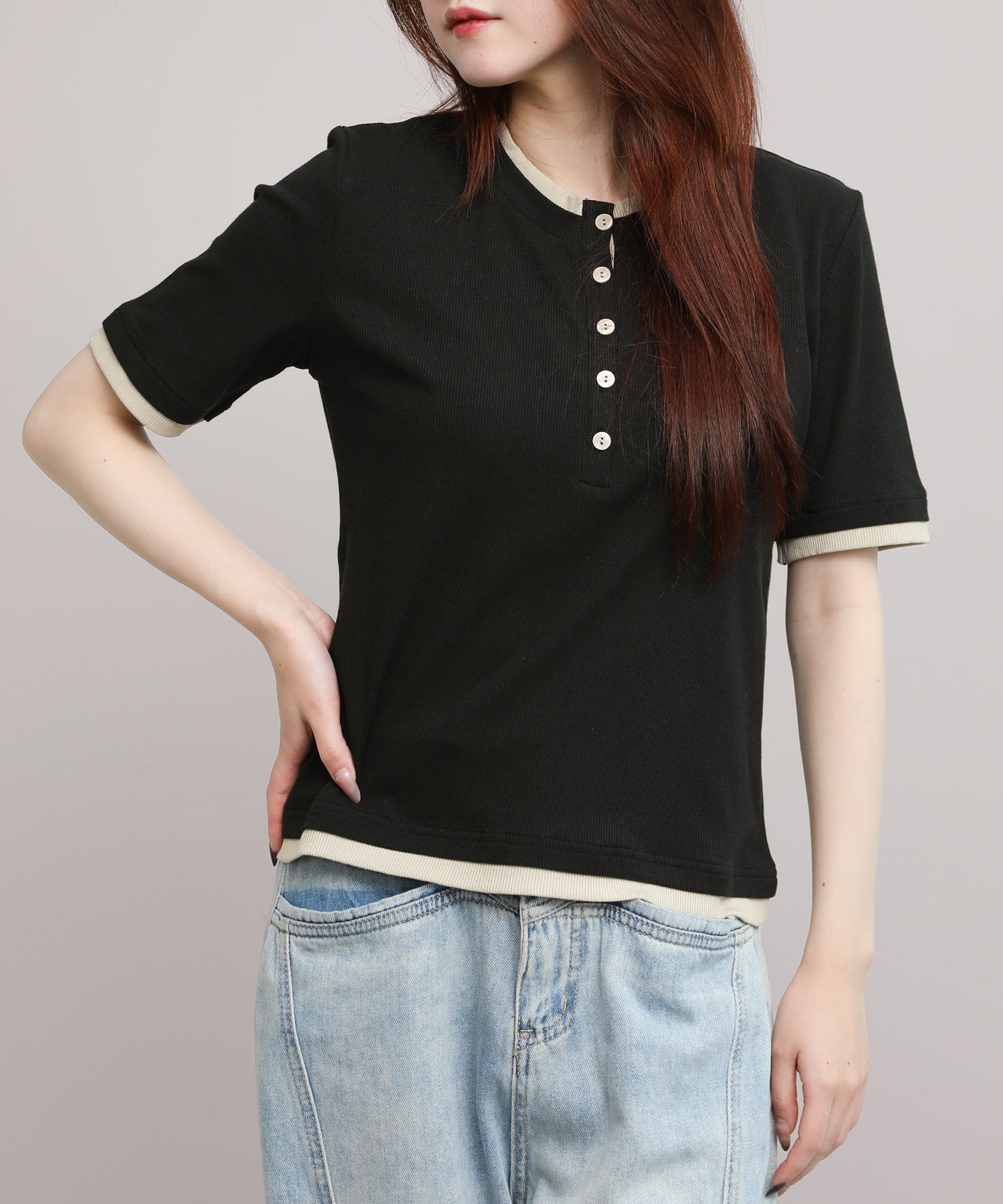 aimoha/バイカラーヘンリーTシャツ