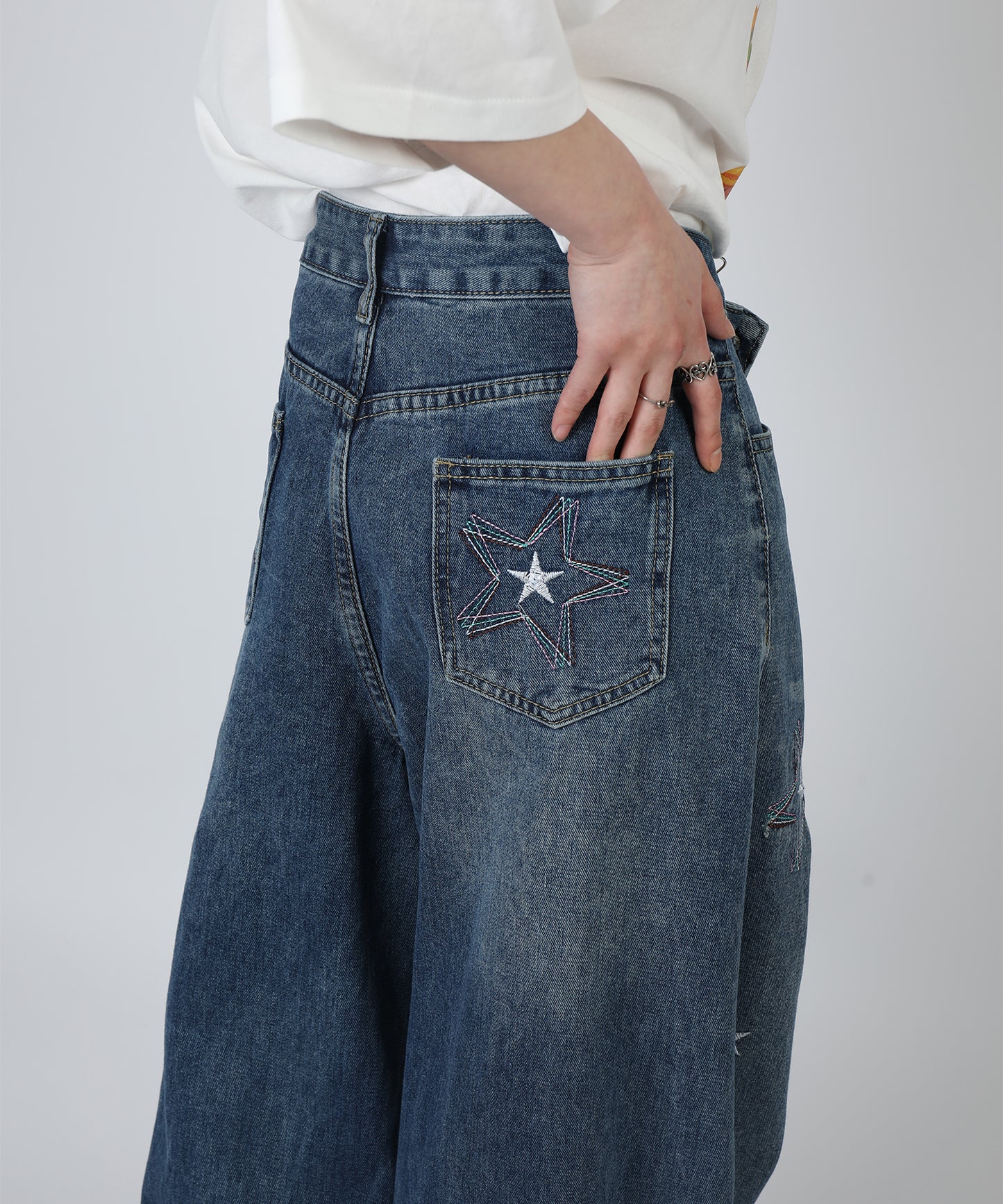 HOOK -select- 　スター刺繍デザイン ワイドデニムパンツ