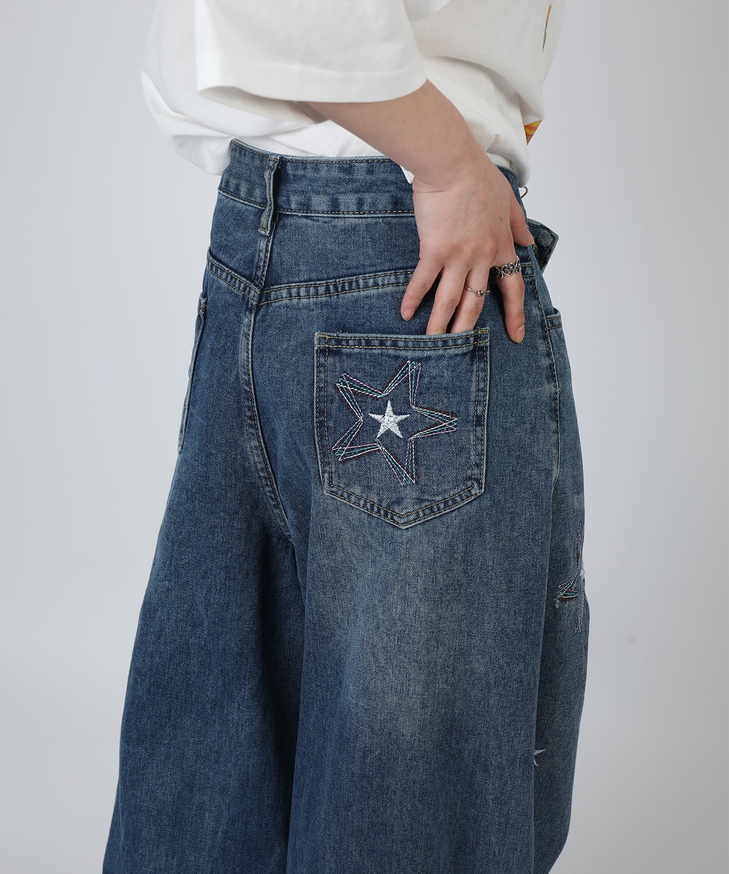 HOOK -select- 　スター刺繍デザイン ワイドデニムパンツ