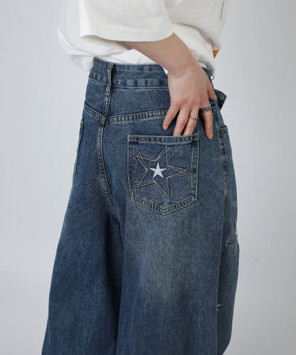 HOOK -select- 　スター刺繍デザイン ワイドデニムパンツ