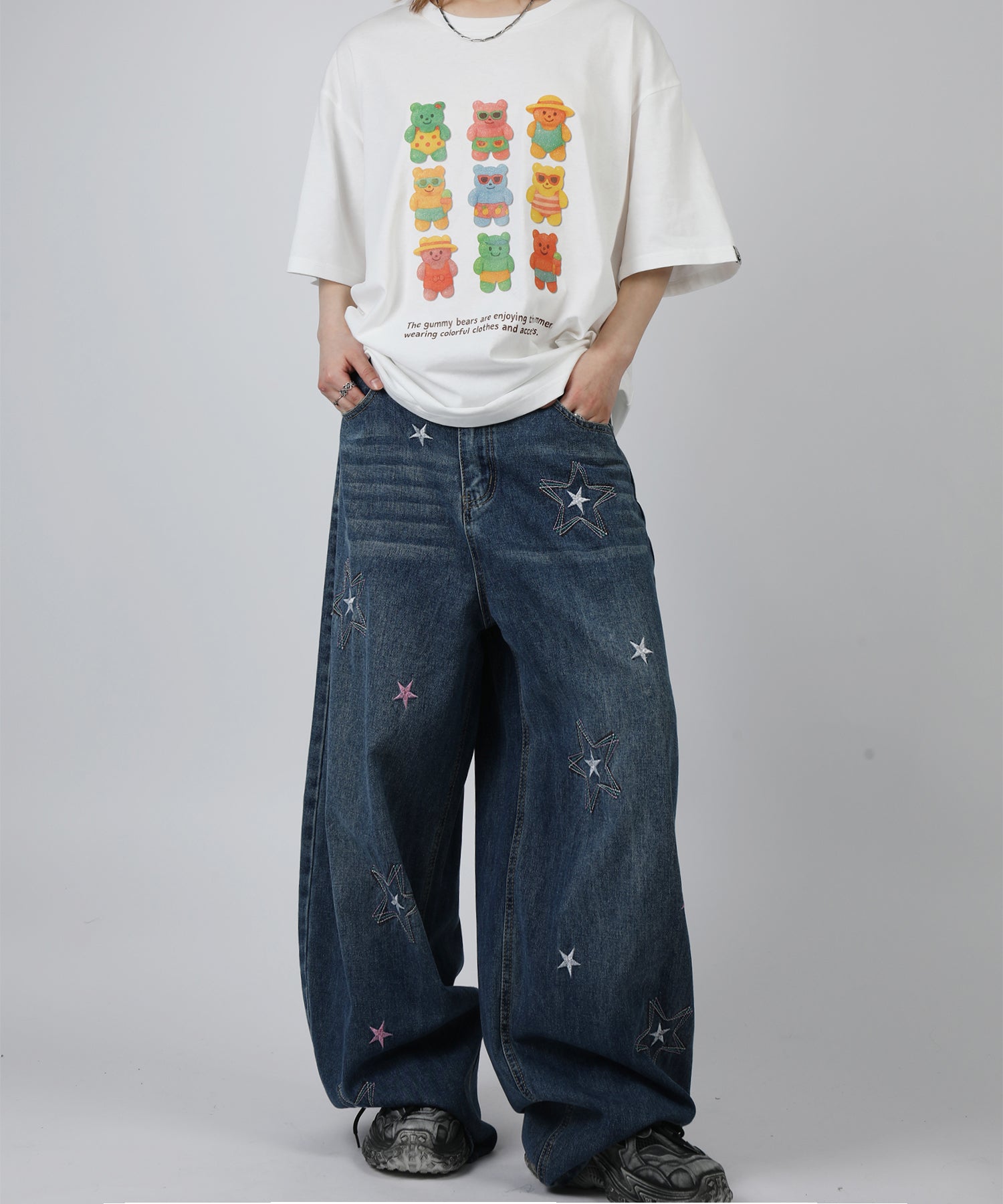 HOOK -select- 　スター刺繍デザイン ワイドデニムパンツ