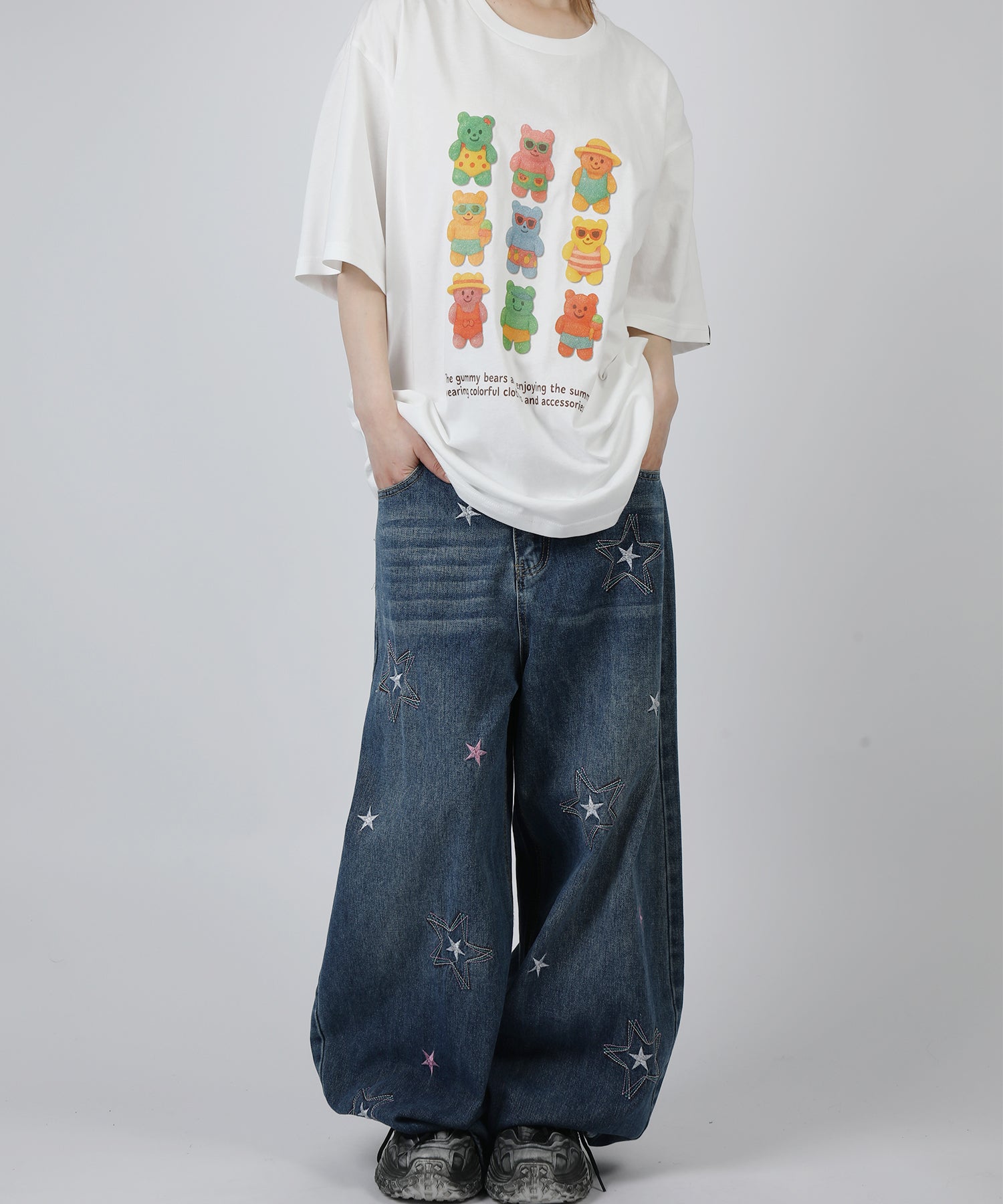 HOOK -select- 　スター刺繍デザイン ワイドデニムパンツ