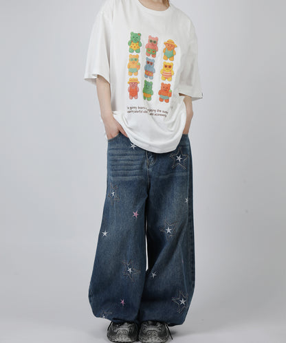 HOOK -select- 　スター刺繍デザイン ワイドデニムパンツ