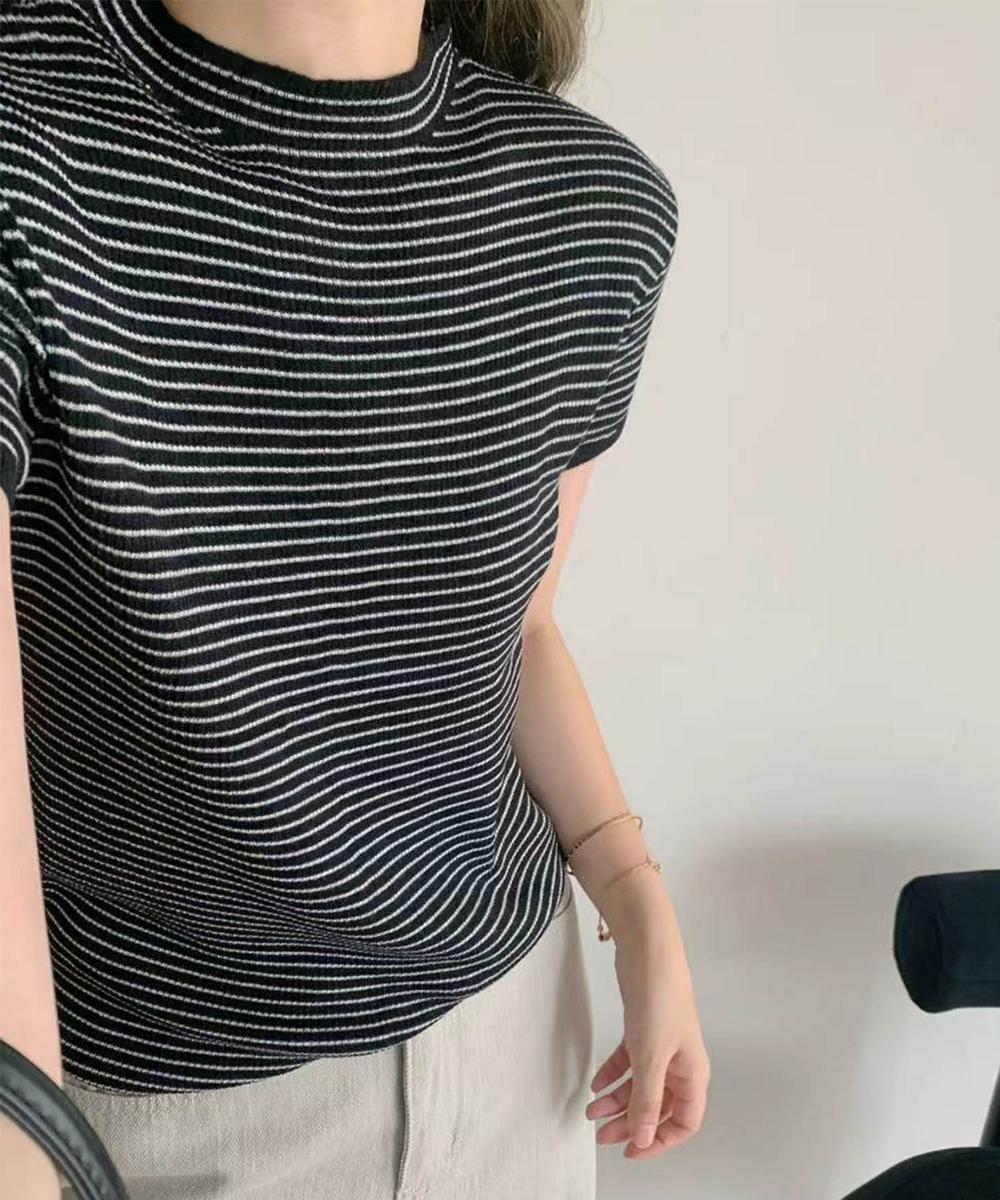 【aimoha】バックボタンデザイン半袖ハイネックトップス