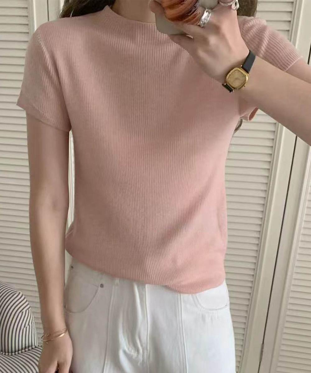 【aimoha】バックボタンデザイン半袖ハイネックトップス