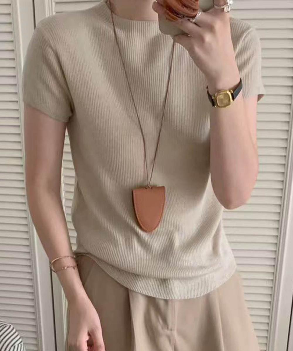 【aimoha】バックボタンデザイン半袖ハイネックトップス