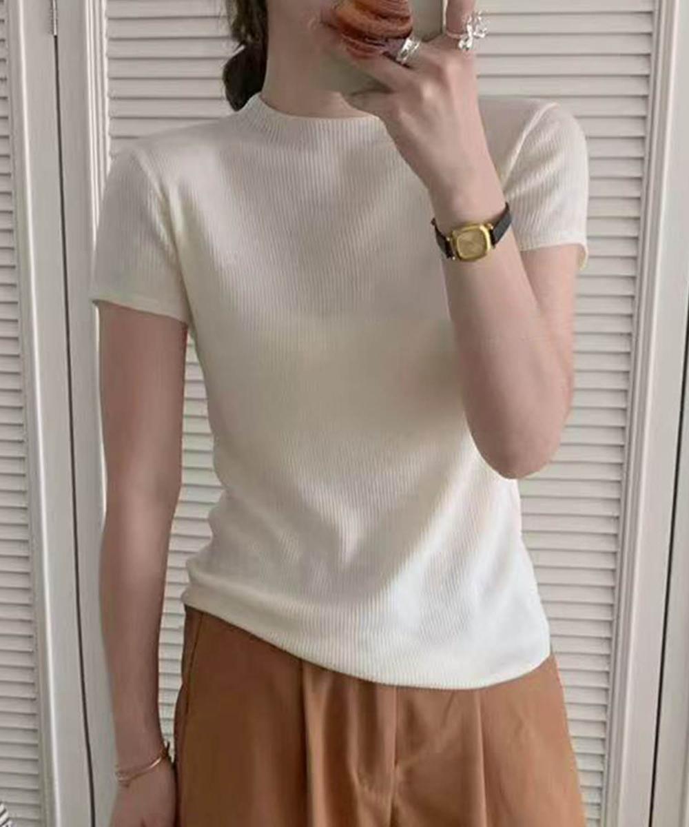 【aimoha】バックボタンデザイン半袖ハイネックトップス