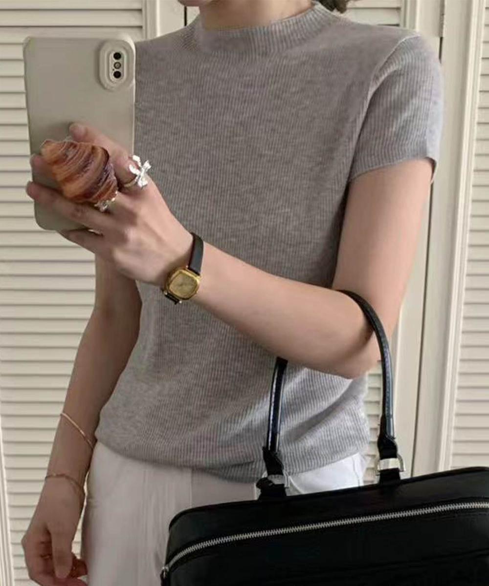【aimoha】バックボタンデザイン半袖ハイネックトップス