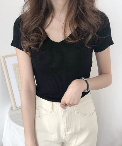 [Jasmine] Simple plain V-neck short sleeve knit tops