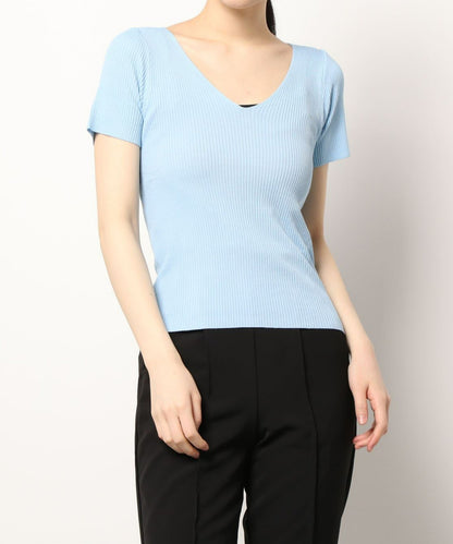 [Jasmine] Simple plain V-neck short sleeve knit tops