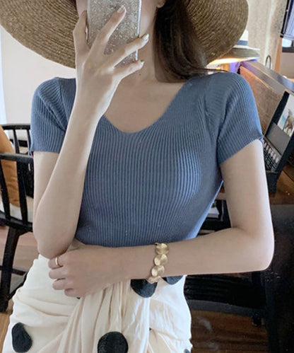 [Jasmine] Simple plain V-neck short sleeve knit tops