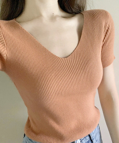 [Jasmine] Simple plain V-neck short sleeve knit tops