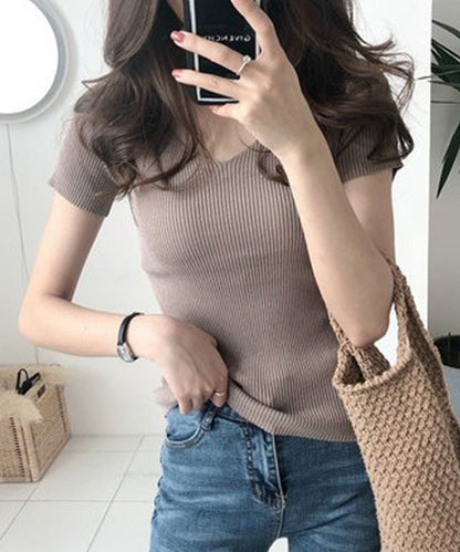 [Jasmine] Simple plain V-neck short sleeve knit tops