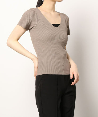 [Jasmine] Simple plain V-neck short sleeve knit tops