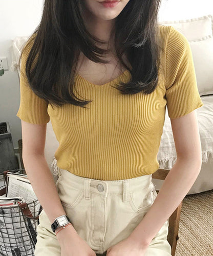 [Jasmine] Simple plain V-neck short sleeve knit tops