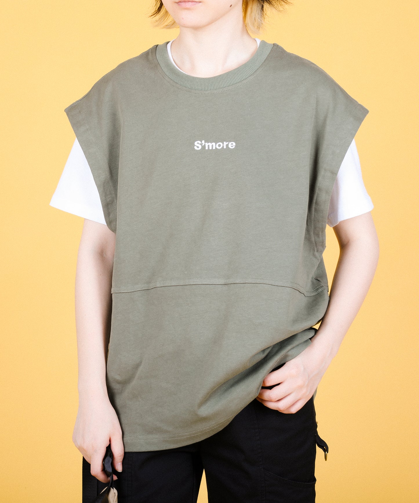 2WAY REMOVABLE SLEEVE COTTON CREW NECK BIG S/S T-SHIRT