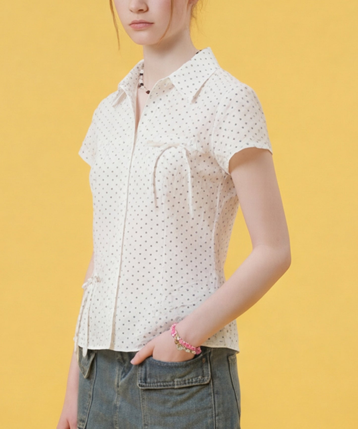 HOOK for girls　ドット柄 アシンメトリーサイドリボン 半袖シャツ (SS)