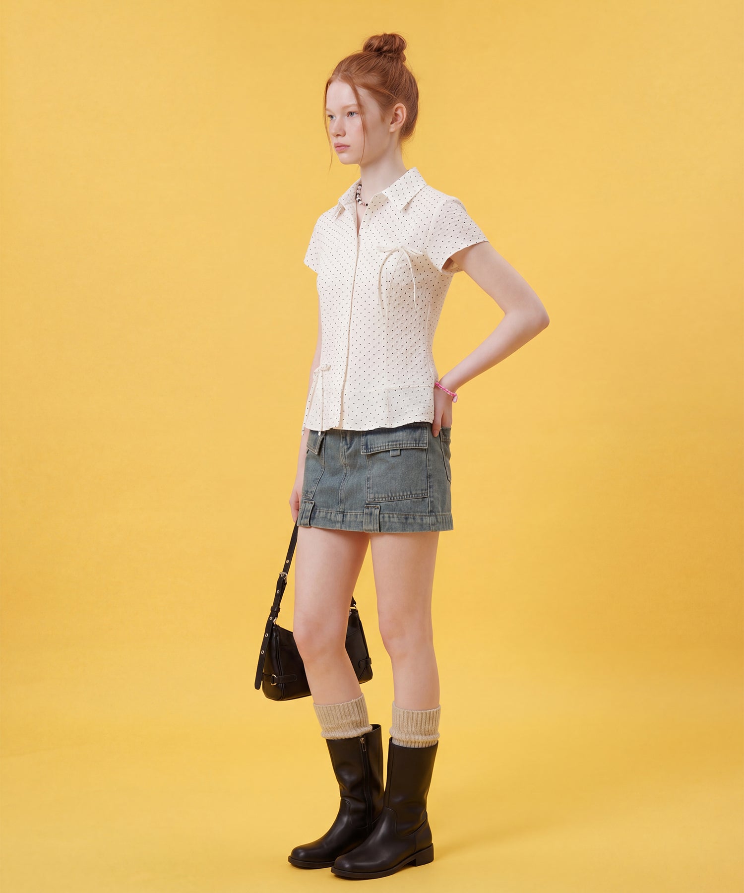 HOOK for girls　ドット柄 アシンメトリーサイドリボン 半袖シャツ (SS)