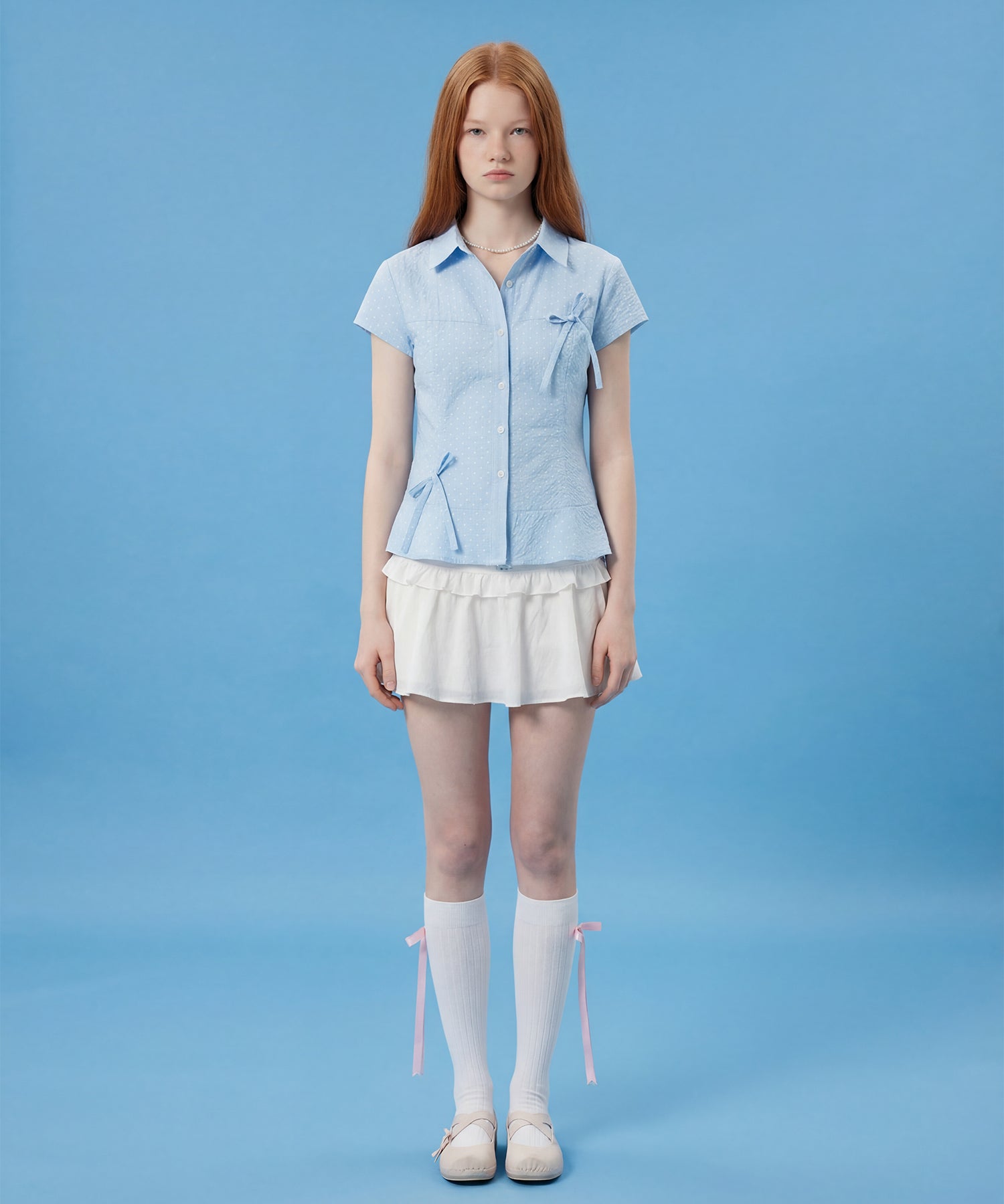 HOOK for girls　ドット柄 アシンメトリーサイドリボン 半袖シャツ (SS)