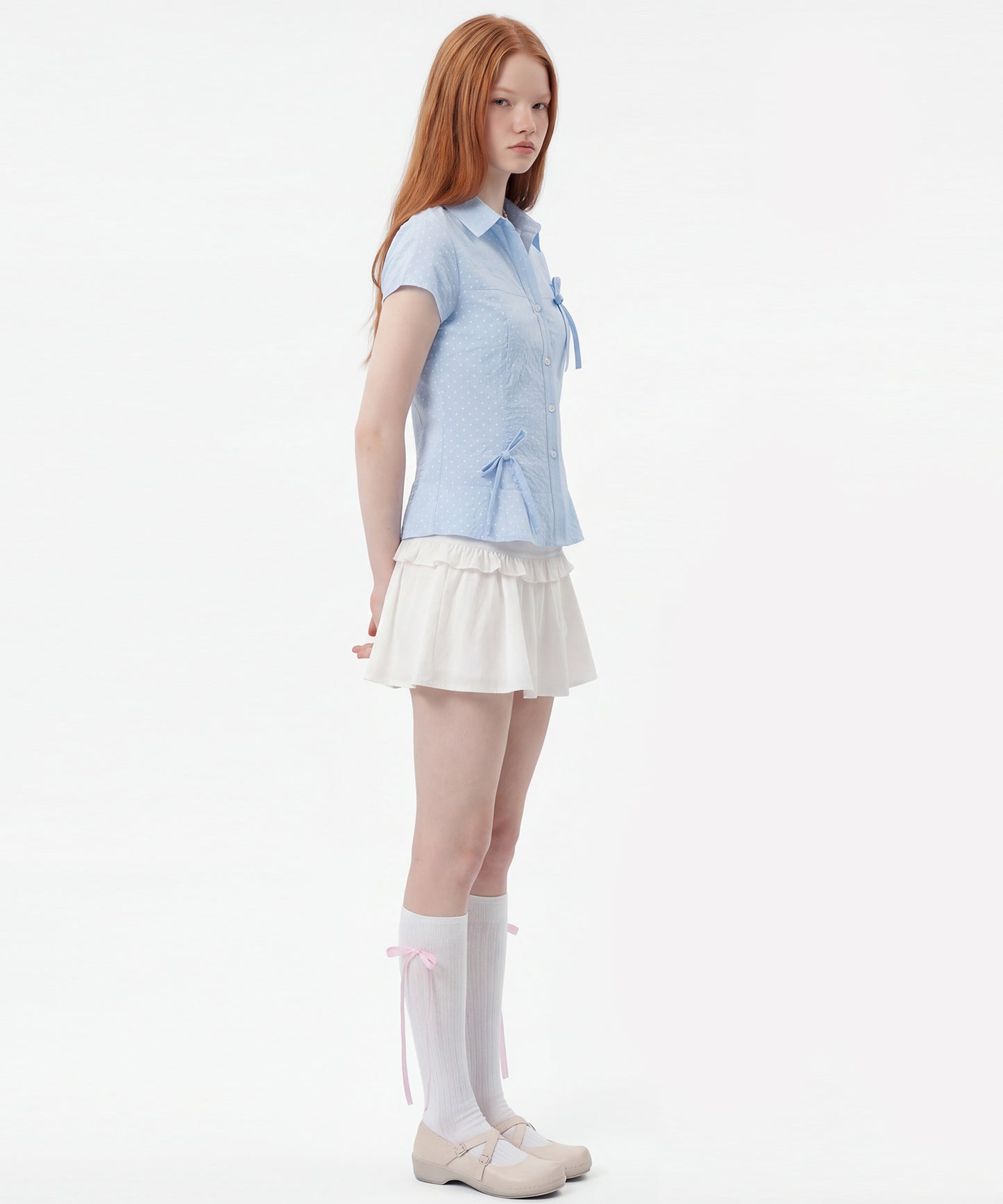 HOOK for girls　ドット柄 アシンメトリーサイドリボン 半袖シャツ (SS)