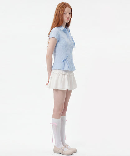 HOOK for girls　ドット柄 アシンメトリーサイドリボン 半袖シャツ (SS)