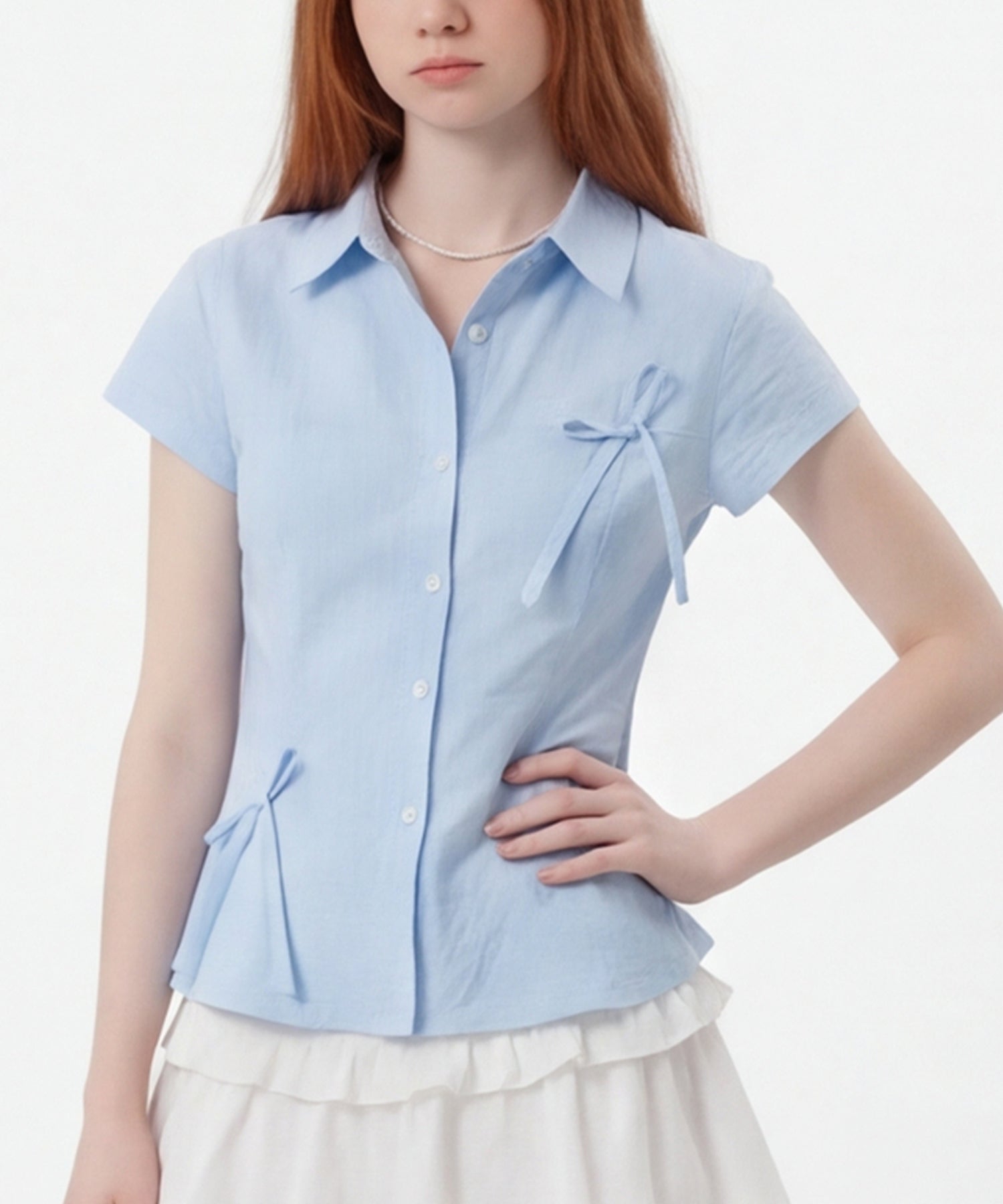 HOOK for girls　ドット柄 アシンメトリーサイドリボン 半袖シャツ (SS)