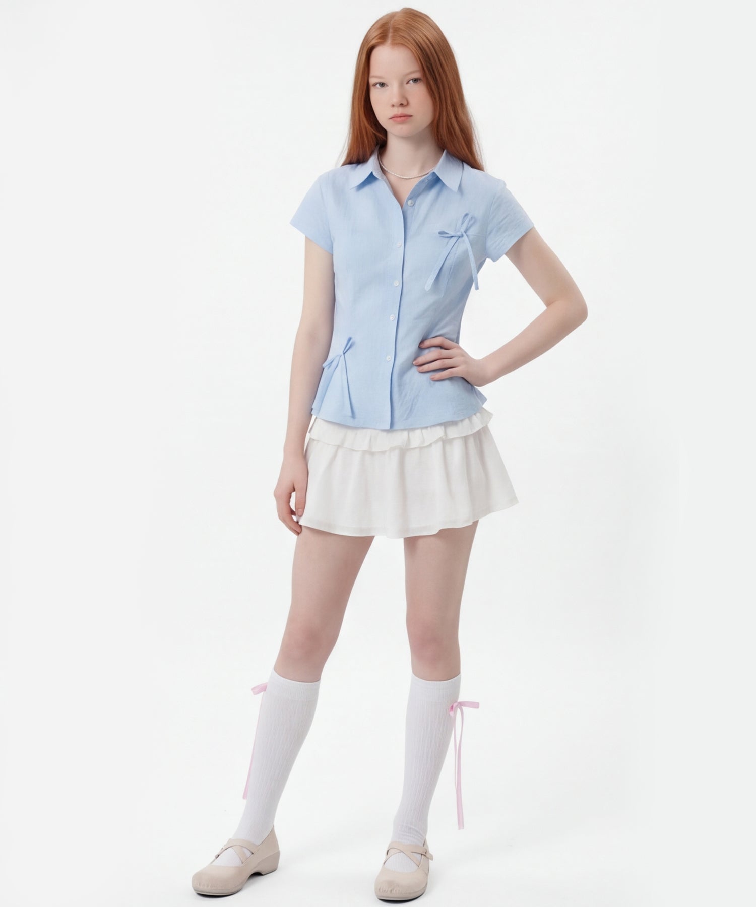 HOOK for girls　ドット柄 アシンメトリーサイドリボン 半袖シャツ (SS)