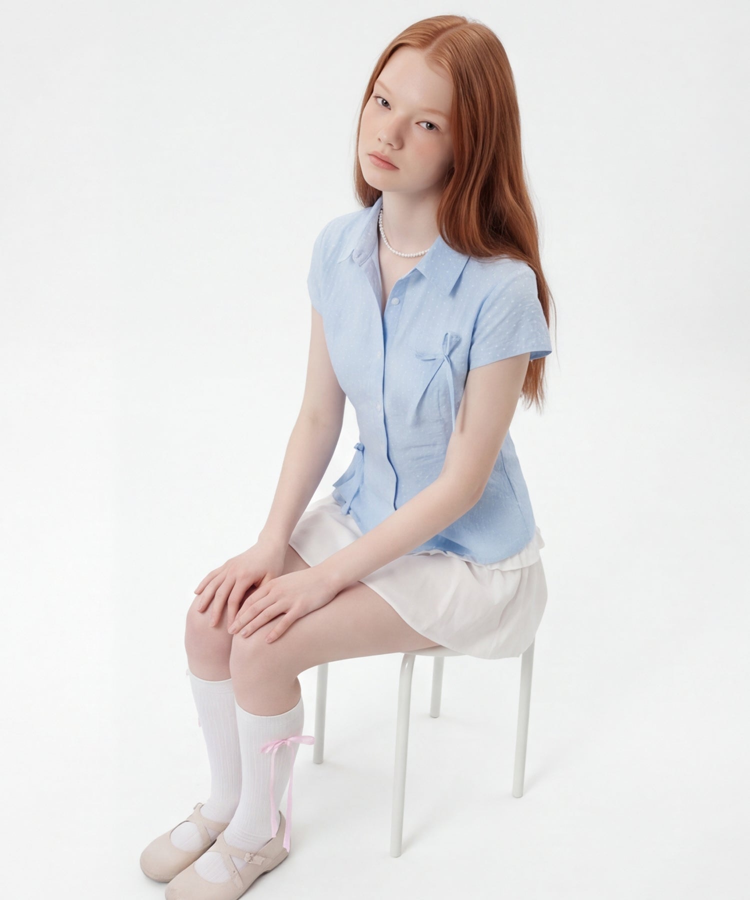 HOOK for girls　ドット柄 アシンメトリーサイドリボン 半袖シャツ (SS)