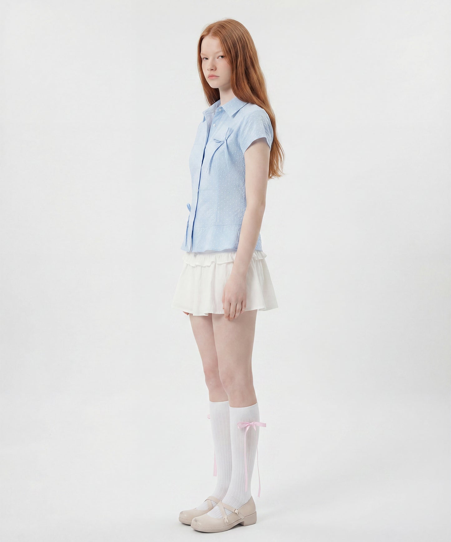 HOOK for girls　ドット柄 アシンメトリーサイドリボン 半袖シャツ (SS)