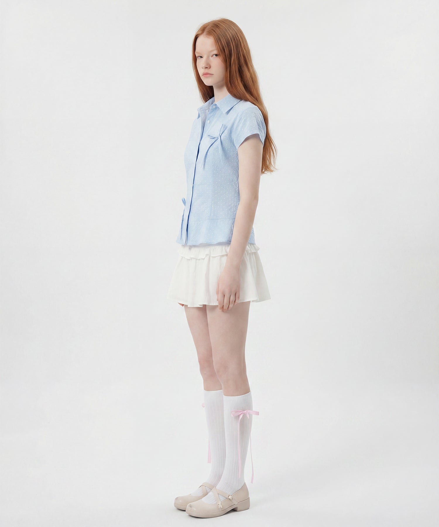 HOOK for girls　ドット柄 アシンメトリーサイドリボン 半袖シャツ (SS)