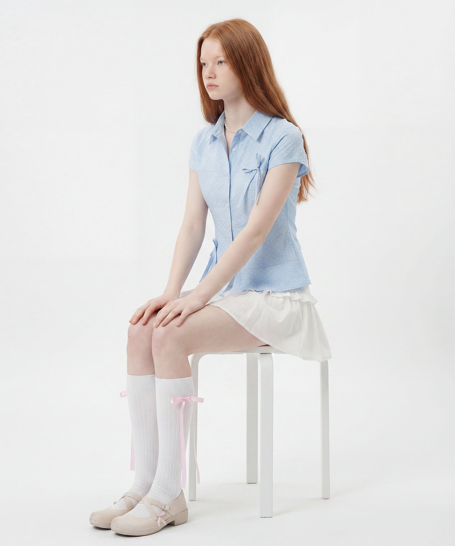HOOK for girls　ドット柄 アシンメトリーサイドリボン 半袖シャツ (SS)