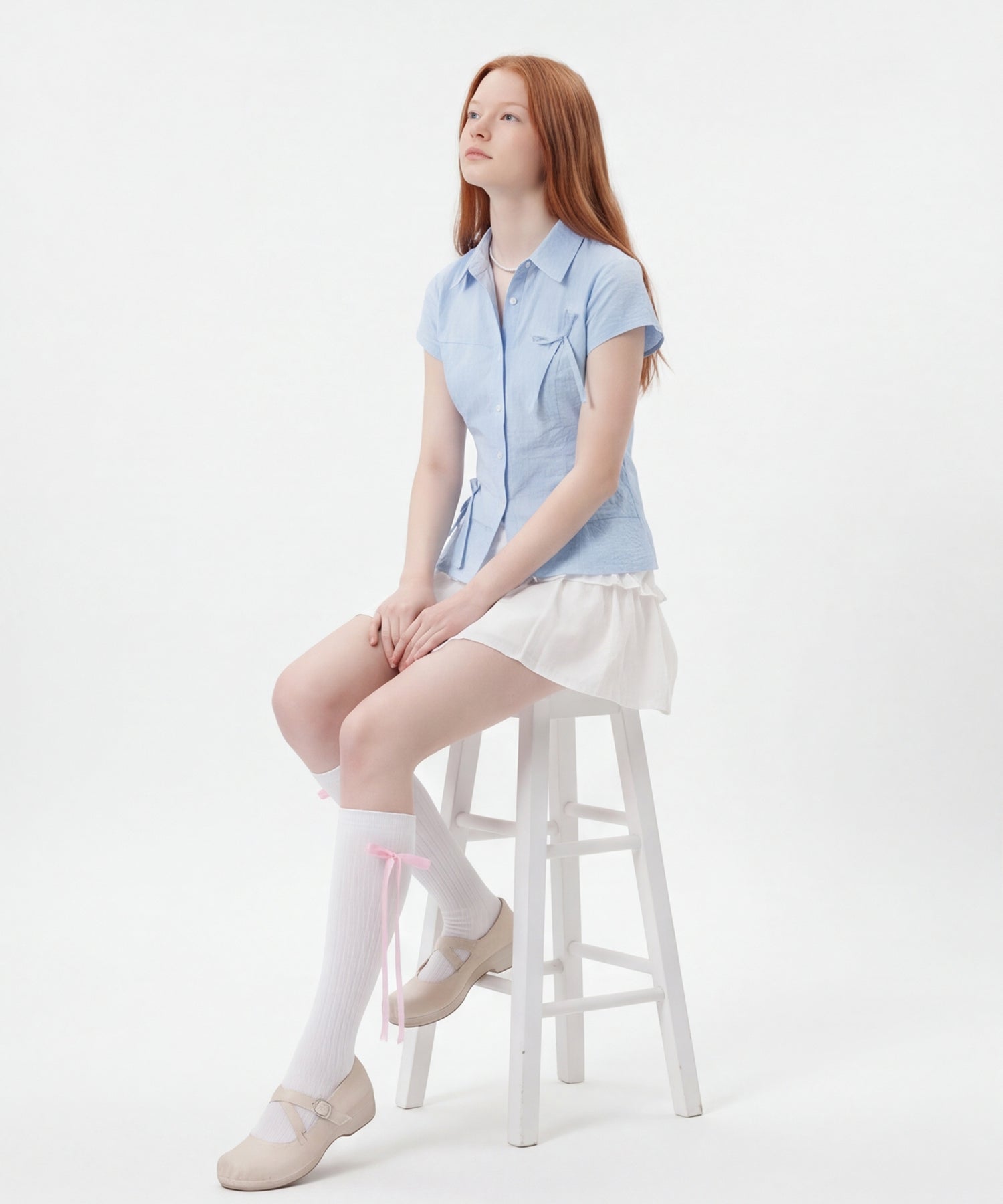 HOOK for girls　ドット柄 アシンメトリーサイドリボン 半袖シャツ (SS)