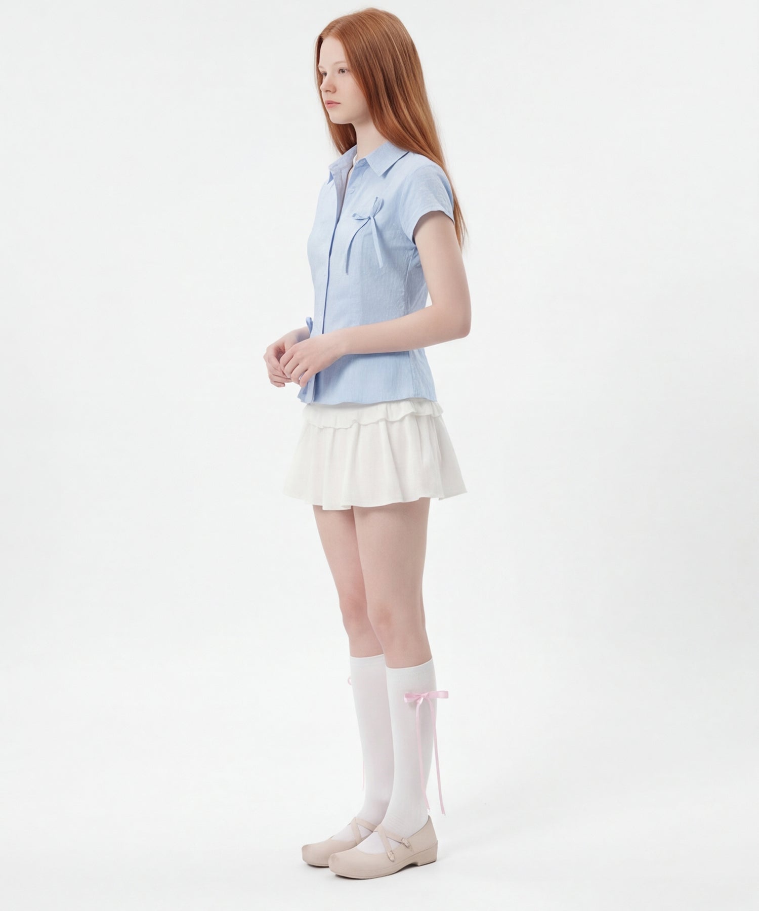 HOOK for girls　ドット柄 アシンメトリーサイドリボン 半袖シャツ (SS)