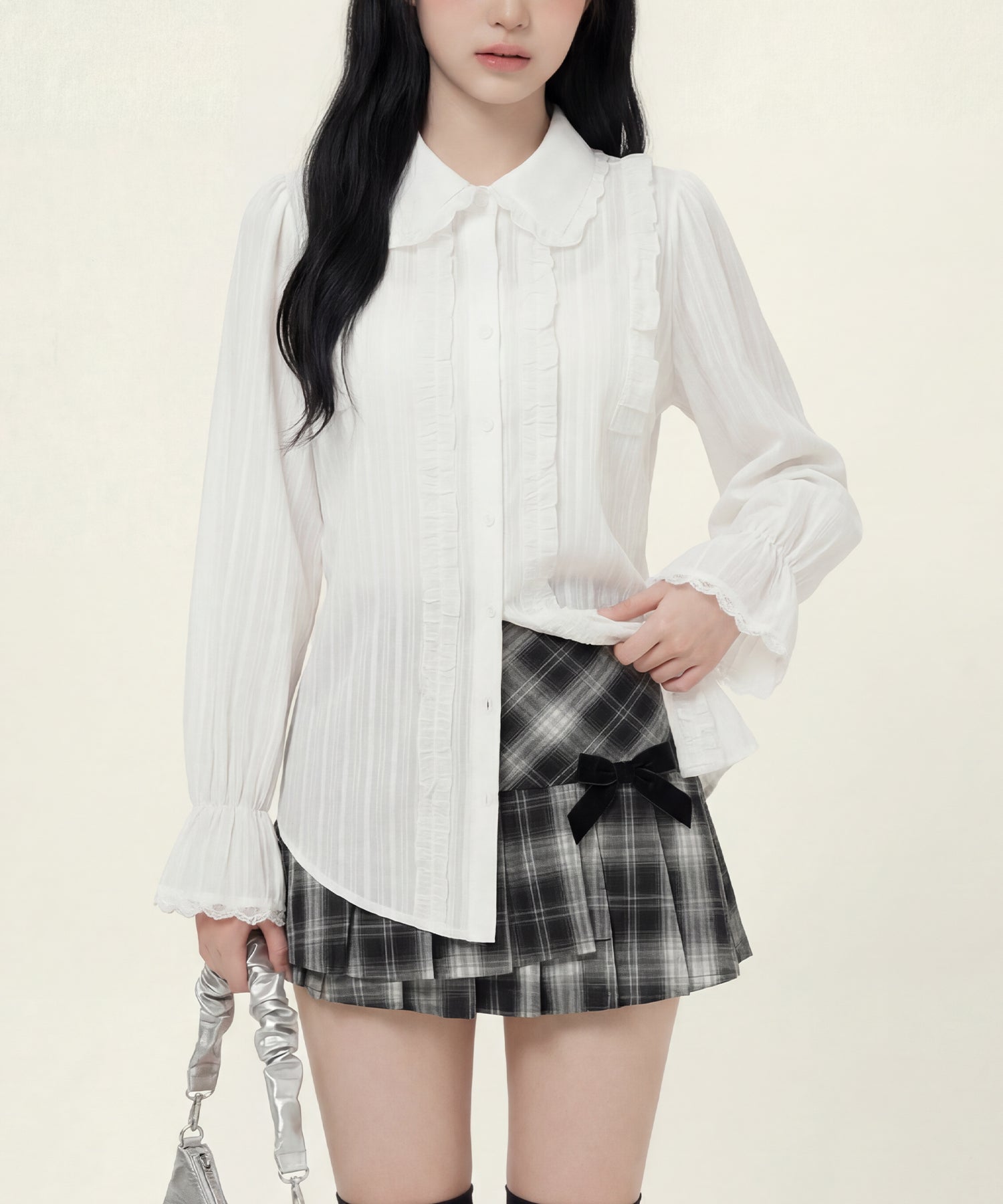 HOOK for girls　レースストライプシアー長袖ブラウス