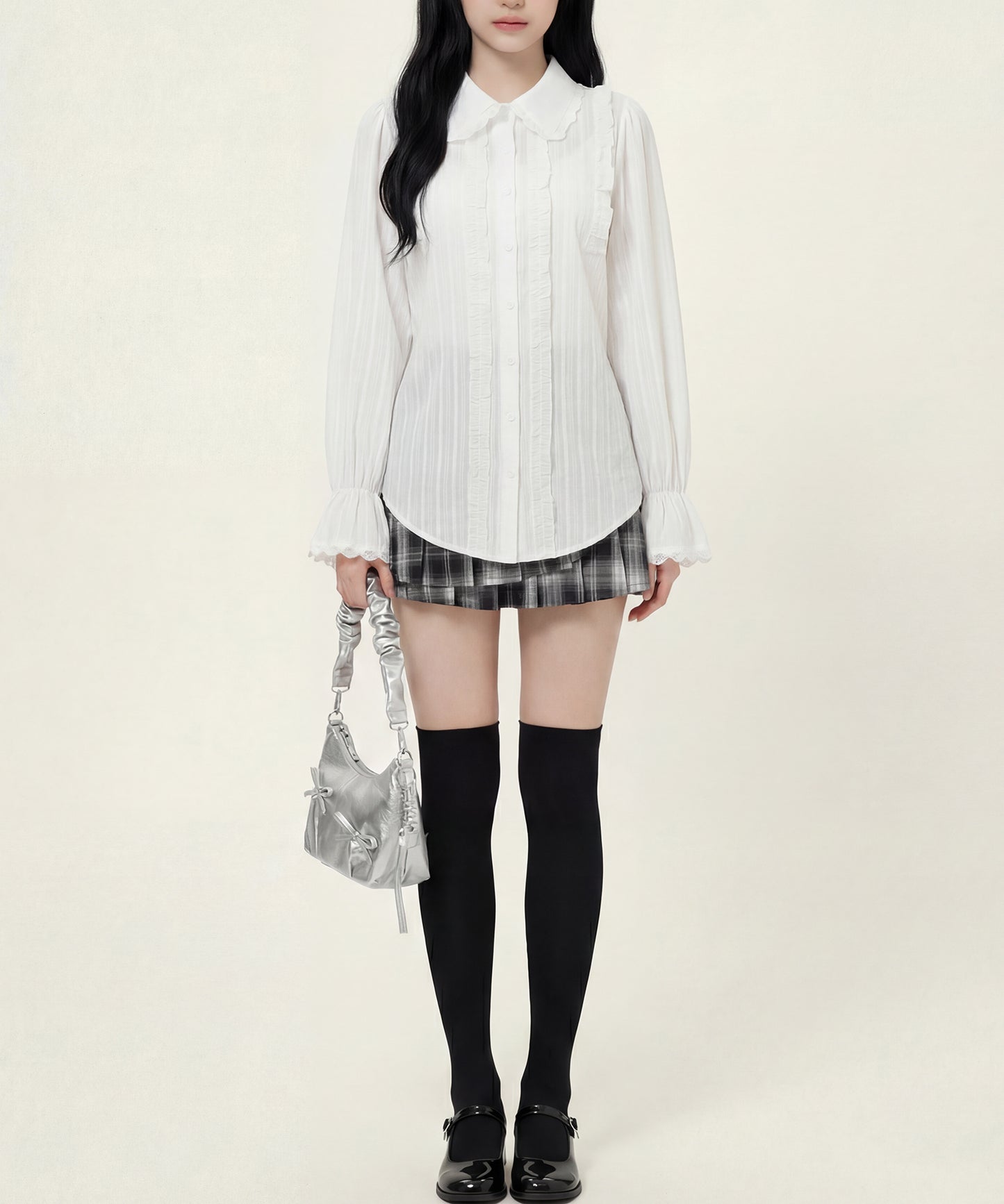 HOOK for girls　レースストライプシアー長袖ブラウス