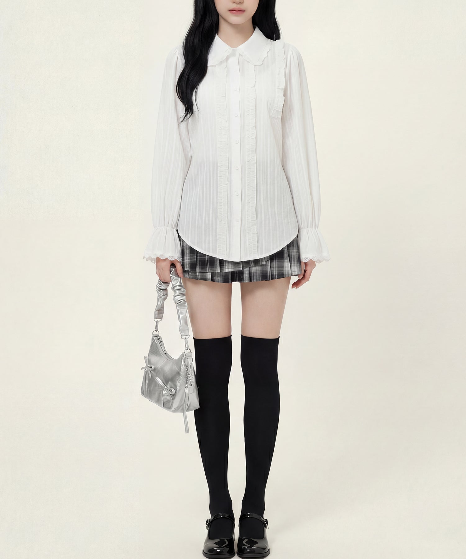 HOOK for girls　レースストライプシアー長袖ブラウス