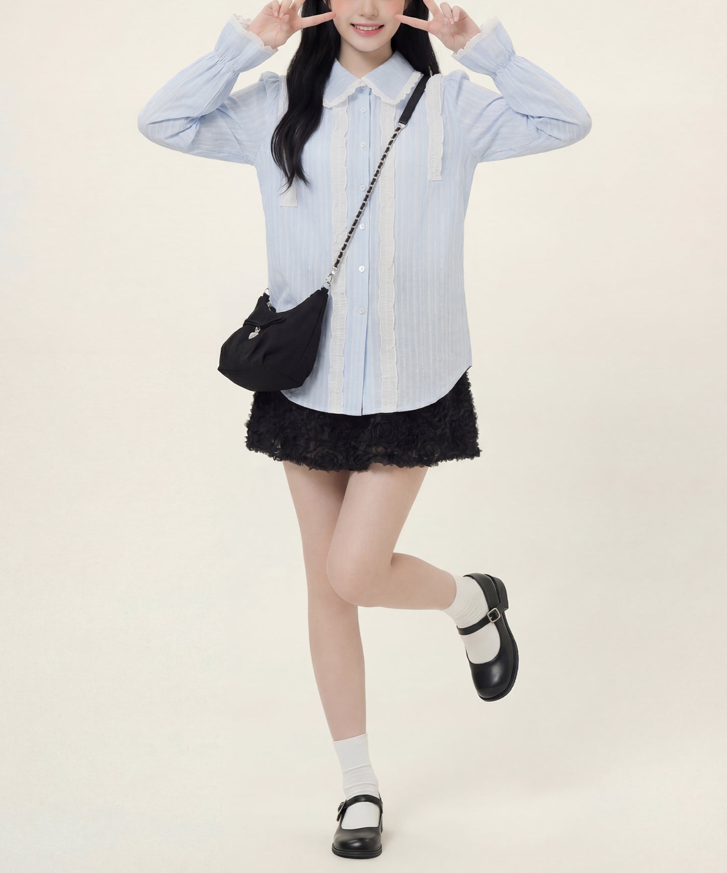 HOOK for girls　レースストライプシアー長袖ブラウス