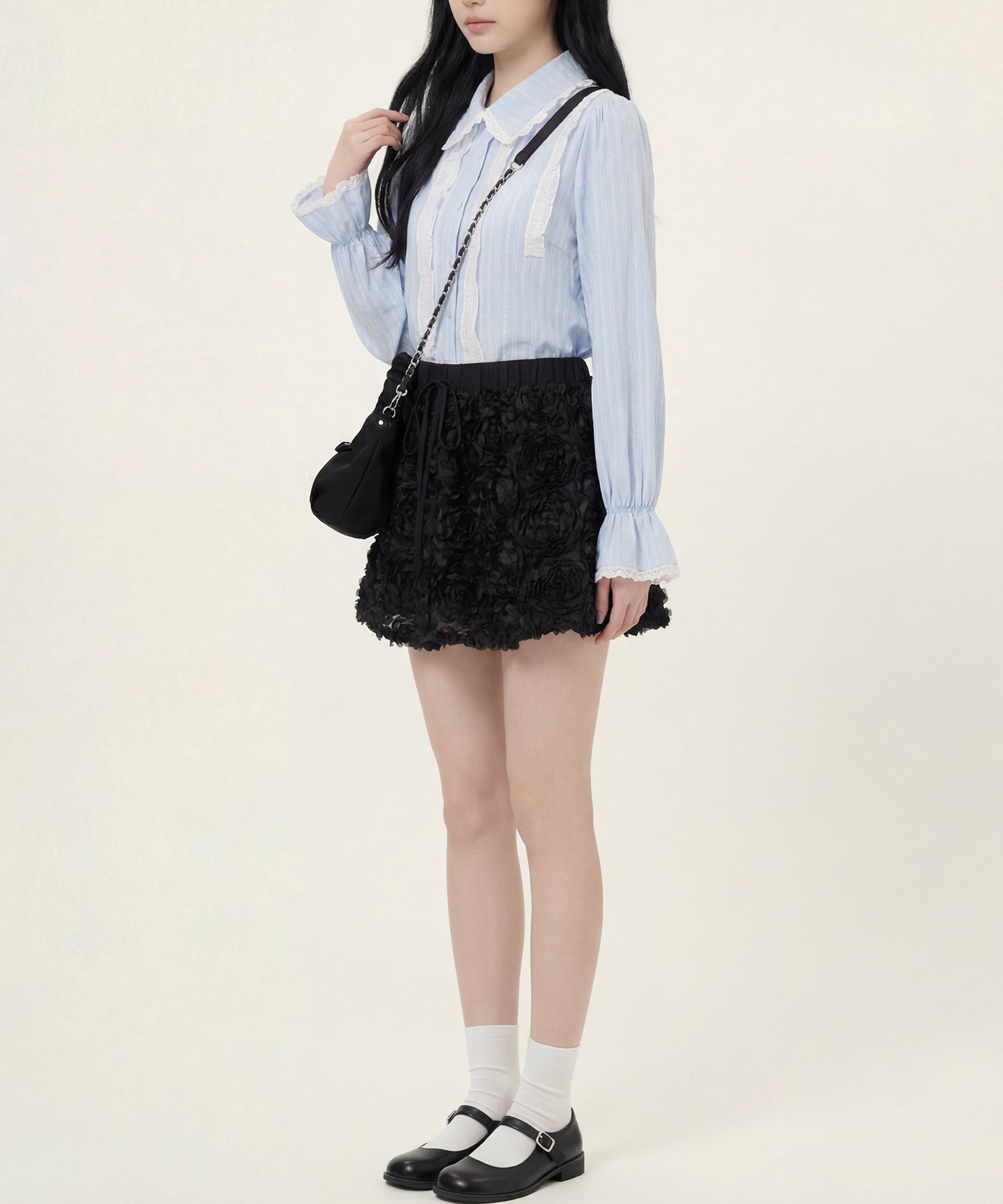 HOOK for girls　レースストライプシアー長袖ブラウス