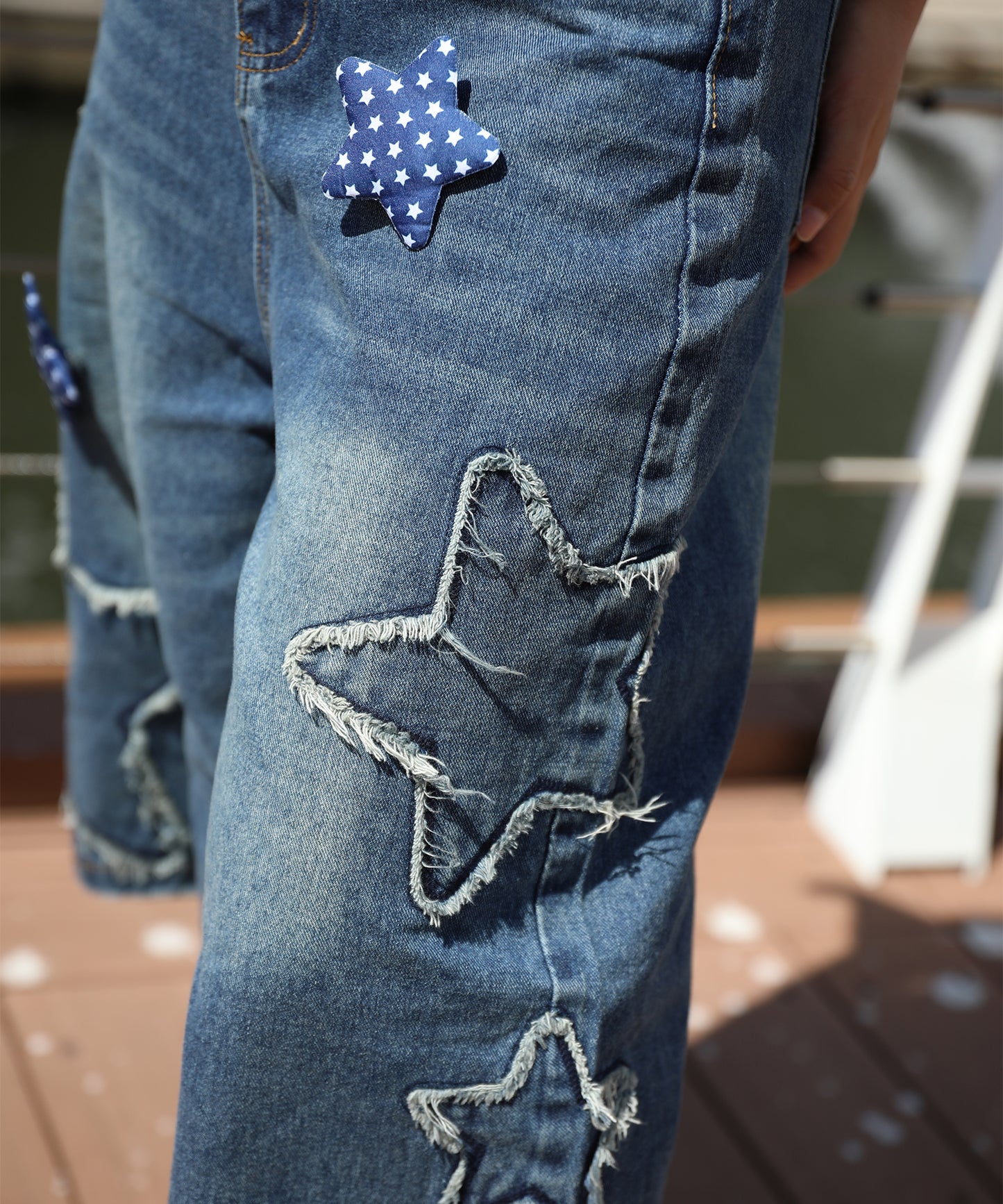 HOOK　スター刺繍×ブローチ カットオフ デニムショーツ ワイドハーフパンツ Y2K ユニセックス ストリート