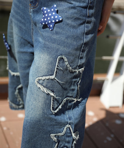 HOOK　スター刺繍×ブローチ カットオフ デニムショーツ ワイドハーフパンツ Y2K ユニセックス ストリート